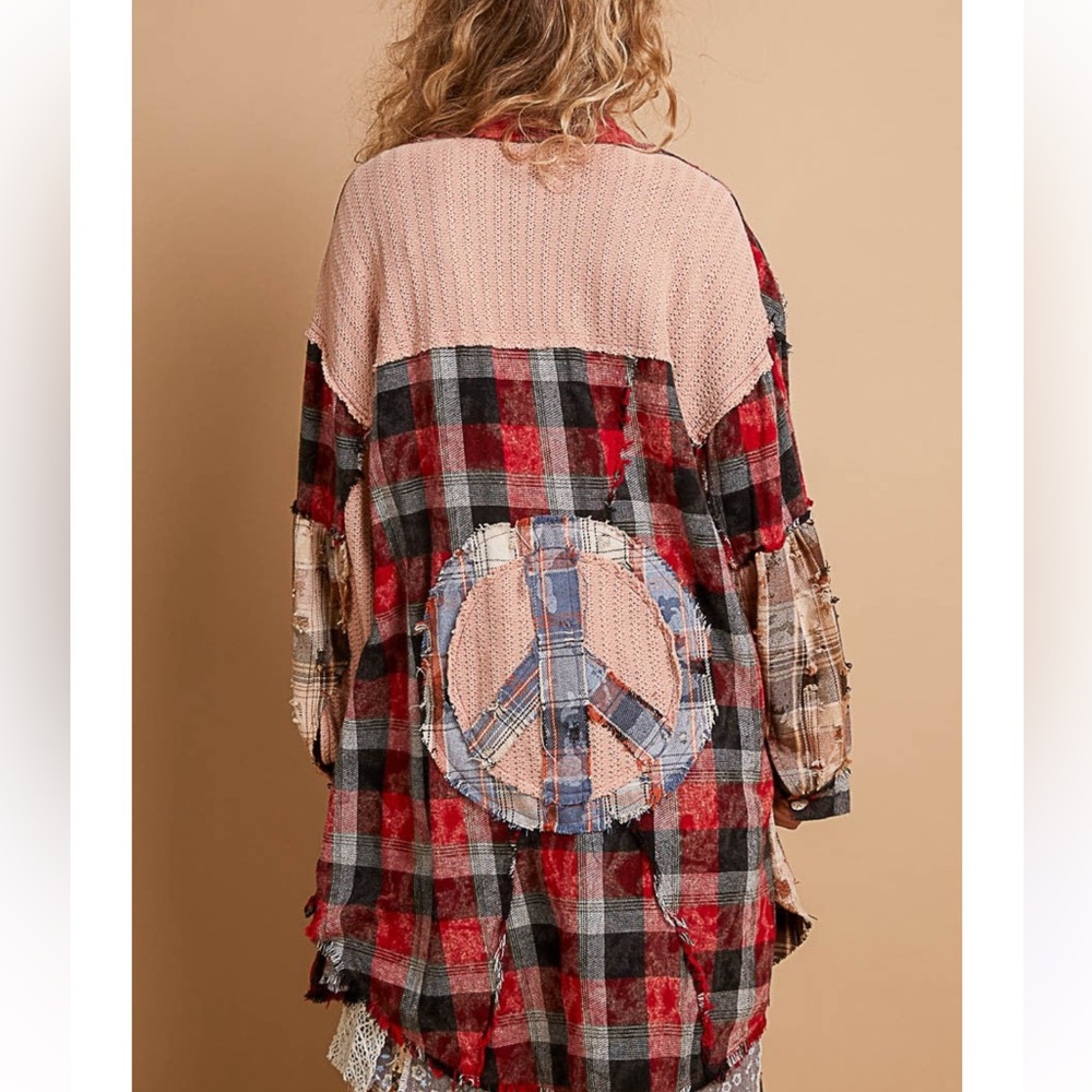 Copy:
POL Plaid Red Multi With Peace Sign Top